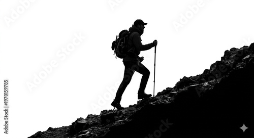 Silhouette of a Hiker Climbing a Mountain Peak on White Background