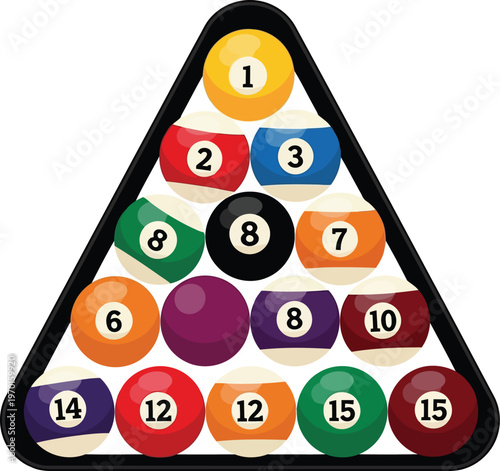 Colorful billiard balls in triangle rack on white background