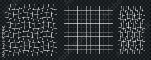 An optical illusion featuring three distorted grid patterns against a dark textured background showcasing visual perception