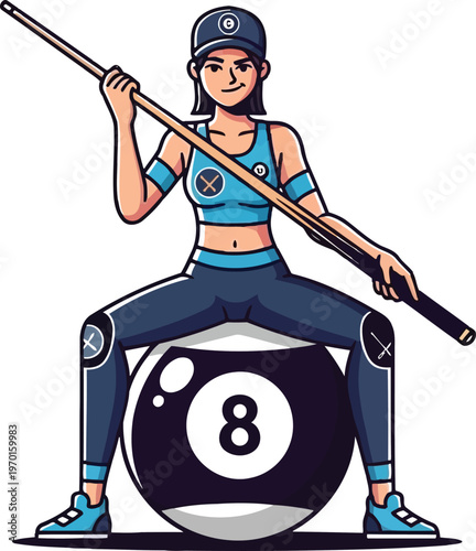 A female billiards player sitting on a large eight ball while holding a pool cue stick