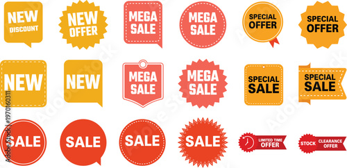 Mega Sale Tags Collection Discount Badges, Special Offer Labels, New Sale Stickers Vector Set