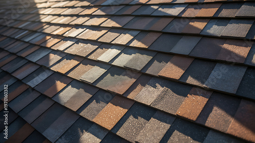Asphalt shingles on a roof with dappled sunlight and shadows with home improvement with worn surface with shadow pattern with sun patch with residential building