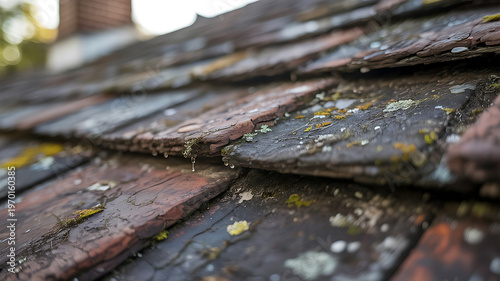Close-up of old, weathered roof tiles with moss and lichen growth, damp patch, damp spots, damp surface, damp background, worn down, dirty surface