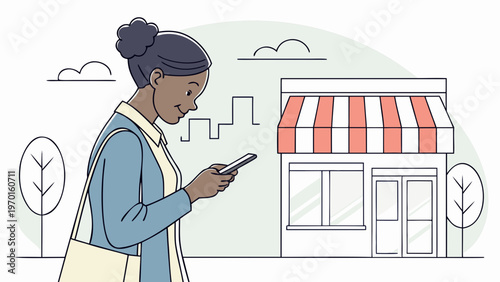 Woman finding a shop using her smartphone .vector icon