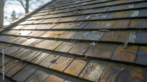 Weathered old stone roof shingles with moss and dirt