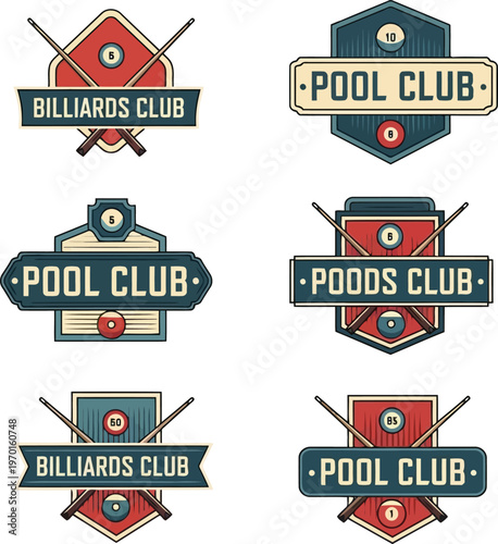 A collection of vintage style billiards and pool club logo badges featuring cues and balls