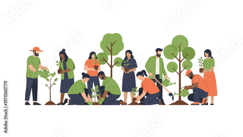 Diverse group of volunteers planting trees and gardening together, flat design vector illustration for environmental sustainability