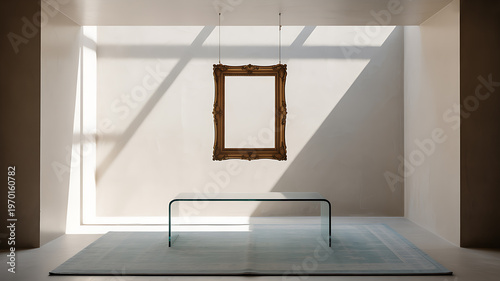 Empty ornate frame hanging in a modern gallery with sunlight with light and shadow