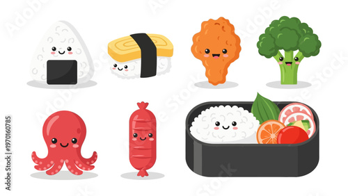 Kawaii Japanese Bento Box Food Characters Vector Illustration Set with Onigiri Sushi and Octopus Sausage
