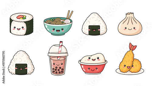 Kawaii Japanese food vector illustration set with cute sushi ramen onigiri boba and dumpling characters