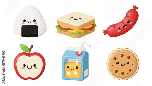 Kawaii food character collection with onigiri sandwich sausage apple juice and cookie vector illustration
