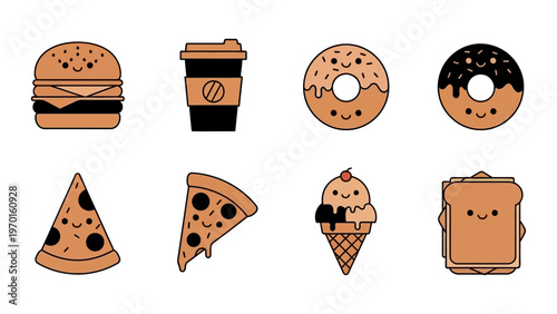 Kawaii fast food vector illustration set featuring cute burger pizza donut and coffee icons for menu and sticker design
