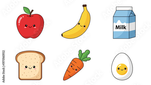 Kawaii healthy food vector illustration set featuring cute cartoon apple banana milk bread carrot and egg characters