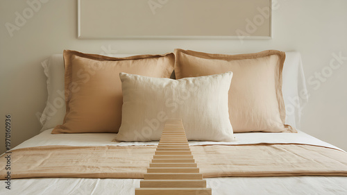 Cozy bedroom with stacked wooden blocks on a bed