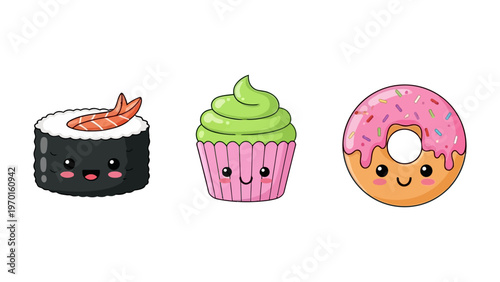 Cute kawaii food characters set with smiling sushi maki roll cupcake and donut vector illustration