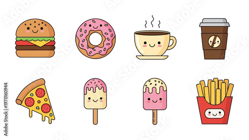 Kawaii Fast Food Characters Set Including Burger Donut Pizza and Coffee Vector Illustration for Stickers