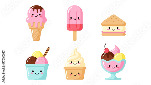 Kawaii ice cream and frozen dessert character set vector illustration with cute smiling faces for summer menu design