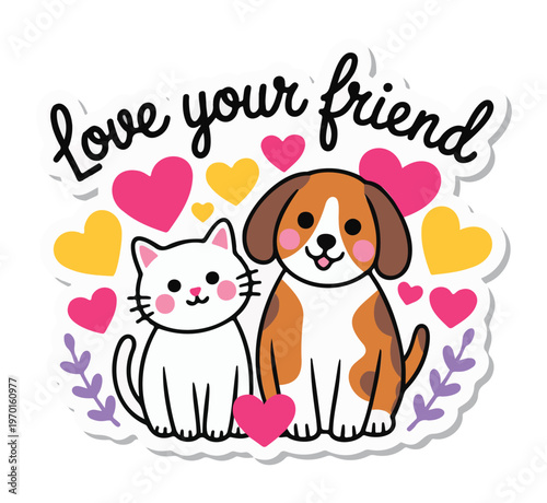 Cute Cat and Dog Friendship Sticker with Hearts Vector on a White Background