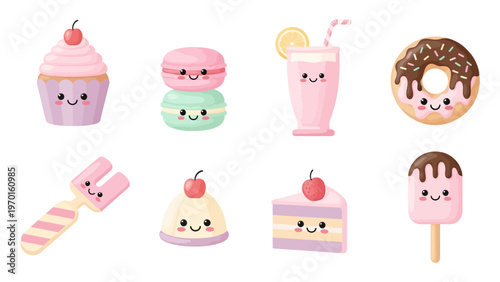 Kawaii Food Vector Illustration Set with Cute Dessert Characters Including Cupcake Donut and Milkshake for Stickers