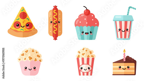 Kawaii fast food and dessert vector illustration set featuring cute pizza, hot dog, cupcake, and popcorn characters