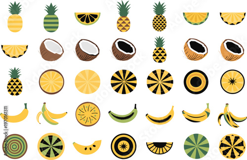 Assorted tropical fruits and citrus slices flat design