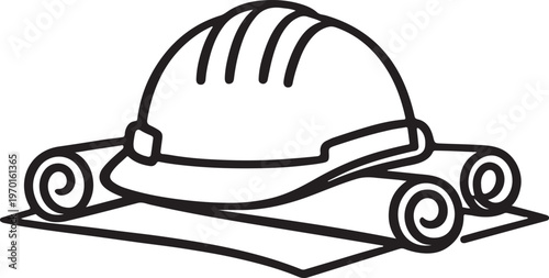 Construction Helmet And Rolled Blueprint Line Icon Safety Engineering Vector Illustration