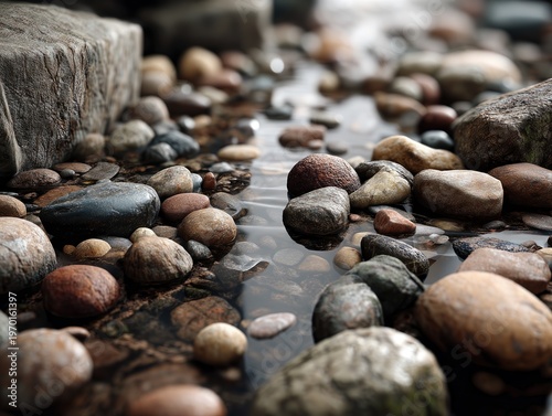 Close-up view of numerous small colorful wet river stones and pebbles with rocks on riverbank