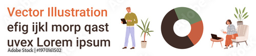 Data visualization, business analysis, collaboration, workplace, presentation, teamwork. A pie chart with professionals using digital devices surrounded by plants. Data visualization and business