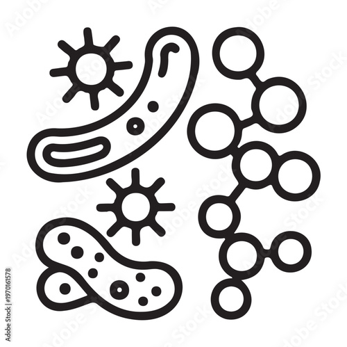 Bacteria Cells and Molecule Structure in Black Line Art Vector on a White Background