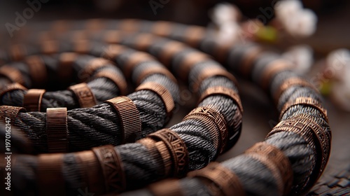 Close-up of layered leather and beaded necklaces with intricate textures and warm tones on dark background