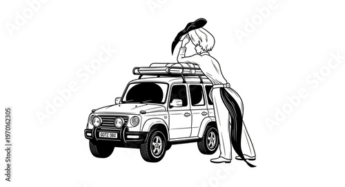 Woman with surfboard on car.