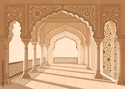 Indian palace arch with jali pattern shadows, flat minimal vector, warm beige tones