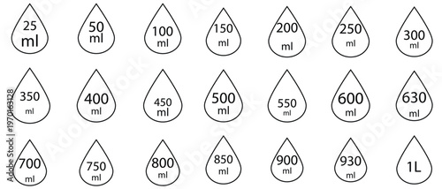Minimal line drop volume labels. Water capacity  symbol.  25 to 1 liters. Vector illustration. 