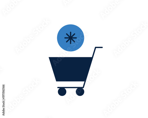 Shopping cart with a coin or star token for retail purchases and e-commerce transactions.