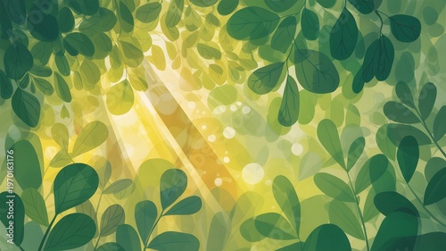 Sunlight Filtering Through Green Leaves, Bokeh Nature Abstract, Soft Light Illustration