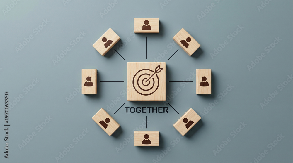 Obraz premium teamwork concept with connected people icons around target symbol representing collaboration strategy goal alignment and business networking ideal for leadership planning marketing and growth visuals 