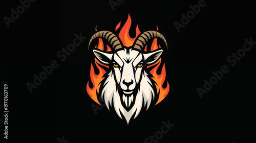Flat vector of a powerful goat with intense flames erupting on black background
