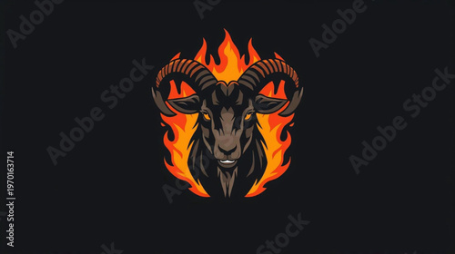 Flat vector of a powerful goat with intense flames erupting on black background