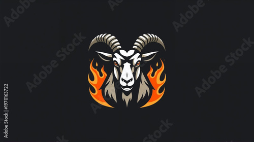 Flat vector of a powerful goat with intense flames erupting on black background