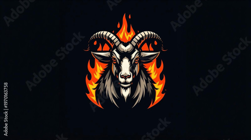 Flat vector of a powerful goat with intense flames erupting on black background