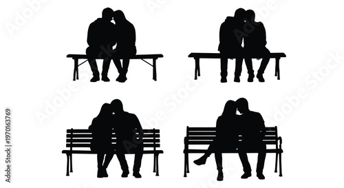 Couples sitting on benches a collection of black shapes silhouette