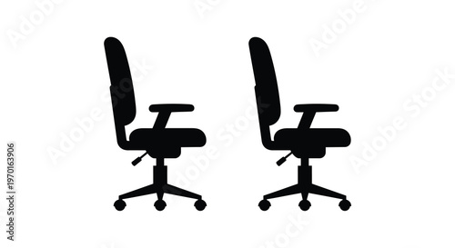 Two office chairs depicted in a striking minimalist black silhouette