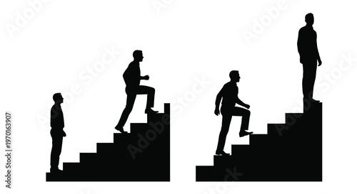 Men ascending stairs progression and ambition represented in black silhouette