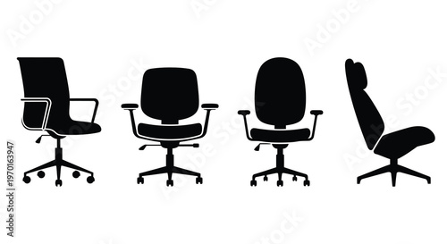 Four office chairs in black displaying various designs a silhouette