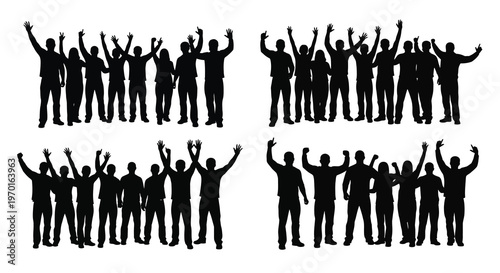 A group of people raising their arms in a celebratory silhouette