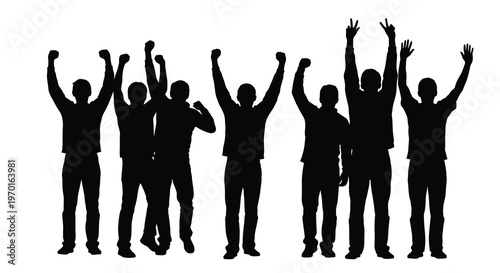 A group of people raising their arms in celebration black silhouette
