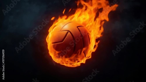 Orange volleyball completely engulfed in vibrant orange and yellow flames with dark smoke in the background