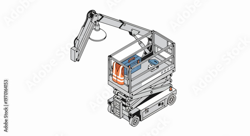 Isometric Scissor Lift Aerial Work Platform with Boom Arm, Safety Vest, and Toolbox; Industrial Equipment Illustration