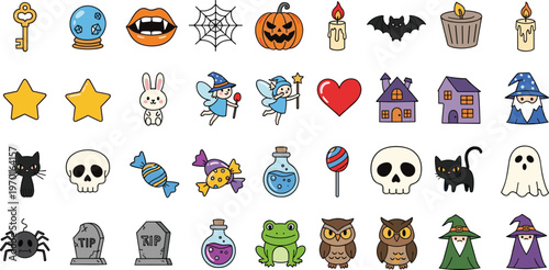 Halloween Party Collection with Pumpkins, Ghosts, Bats, Skulls, Witches, Candy, and Seasonal Icons for Fun Invitations, Decorations, and Graphics