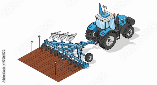 Smart Farming Concept: Isometric Illustration of an Autonomous Blue Tractor with GPS Navigation Pulling a Plow in a Sensor-Equipped Field for Precision Agriculture